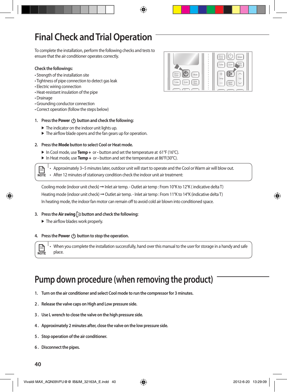 Aa final check and trial operation, Pump down procedure (when removing the product) | Sunlight Supply Samsung Linesets for Mini Split Systems User Manual | Page 40 / 44