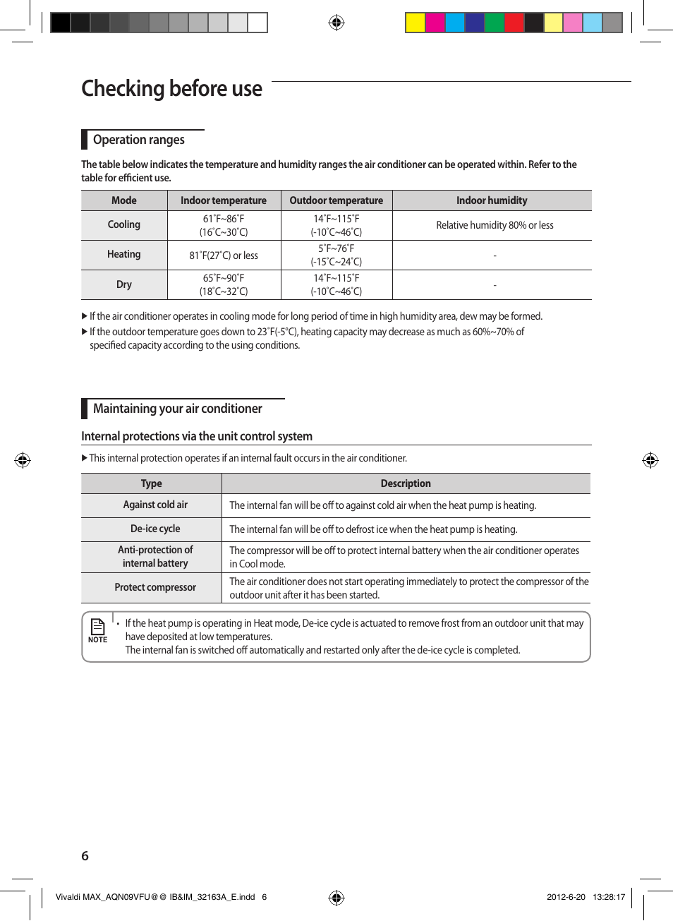 Checking before use, 6operation ranges, Maintaining your air conditioner | Sunlight Supply Samsung Linesets for Mini Split Systems User Manual | Page 6 / 44