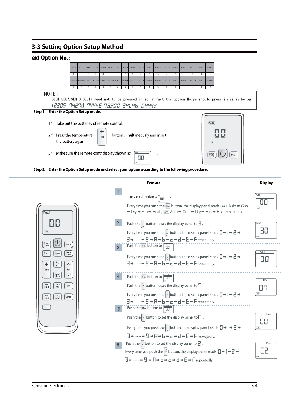 3 setting option setup method, Samsung electronics 3-4 | Sunlight Supply Samsung Programmable Thermostat for Split Systems User Manual | Page 16 / 128