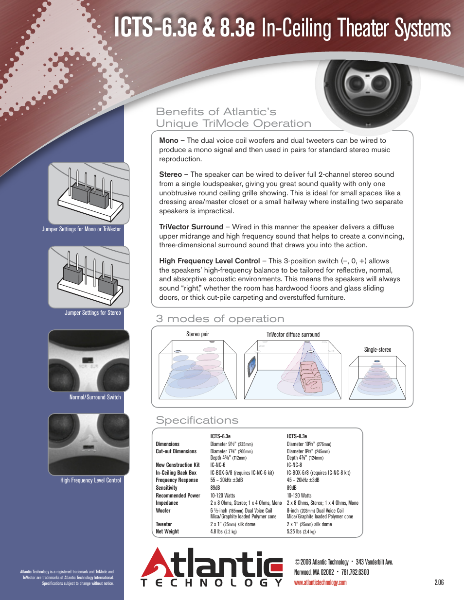 Icts-6.3e & 8.3e, In-ceiling theater systems, Beneﬁts of atlantic’s unique trimode operation | 3 modes of operation, Speciﬁcations | Atlantic Technology ICTS 6.3e User Manual | Page 2 / 2