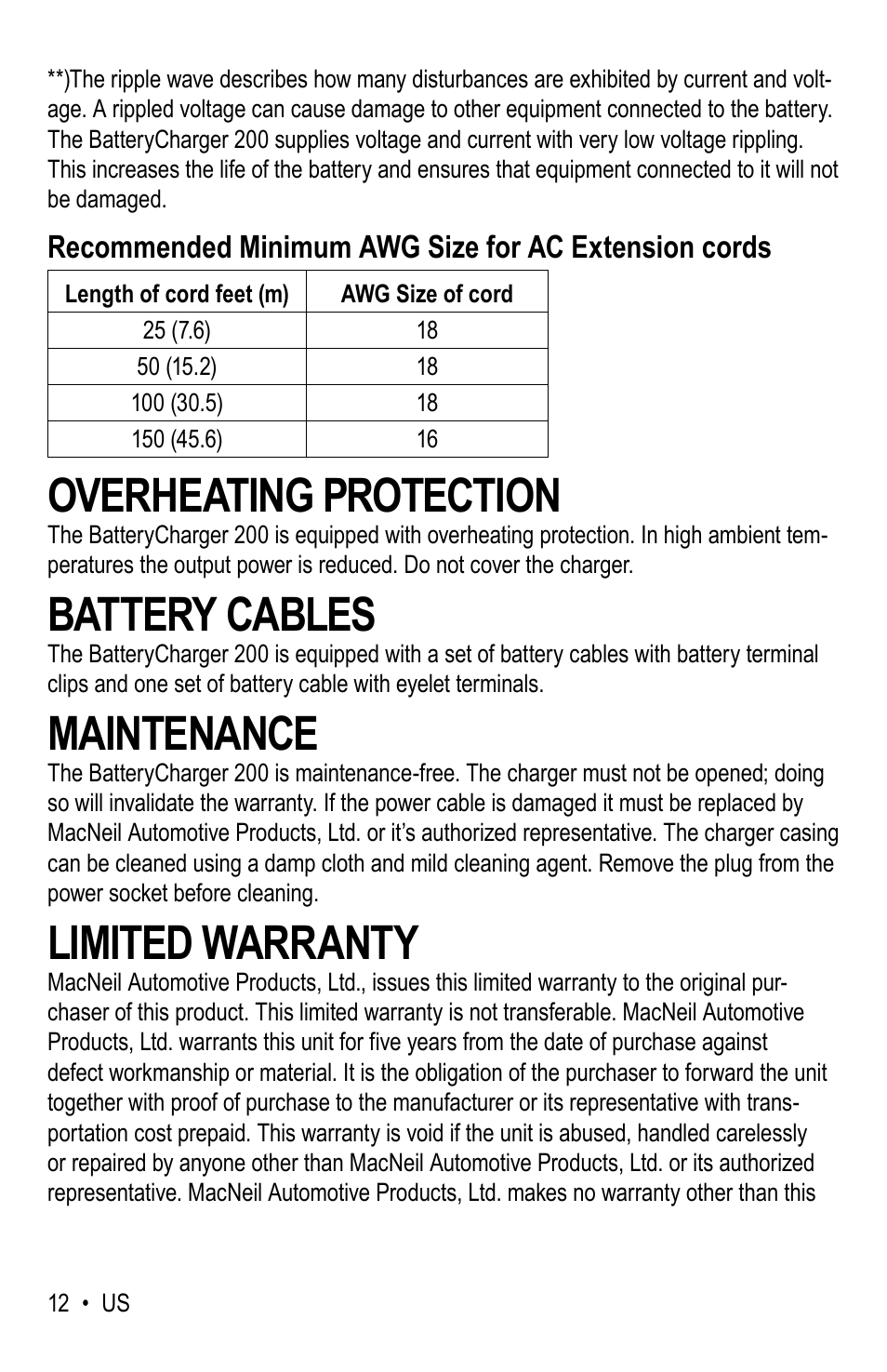 Overheating protection, Battery cables, Maintenance | Limited warranty | WeatherTech Battery Charger User Manual | Page 12 / 48