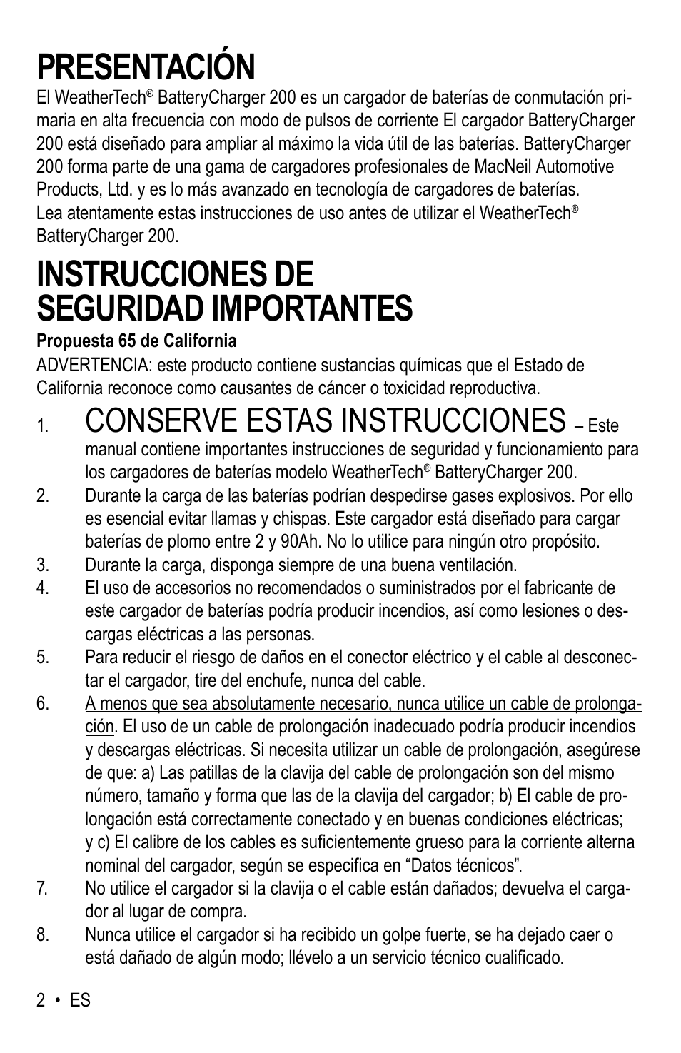 Presentación, Instrucciones de seguridad importantes, Conserve estas instrucciones | WeatherTech Battery Charger User Manual | Page 16 / 48