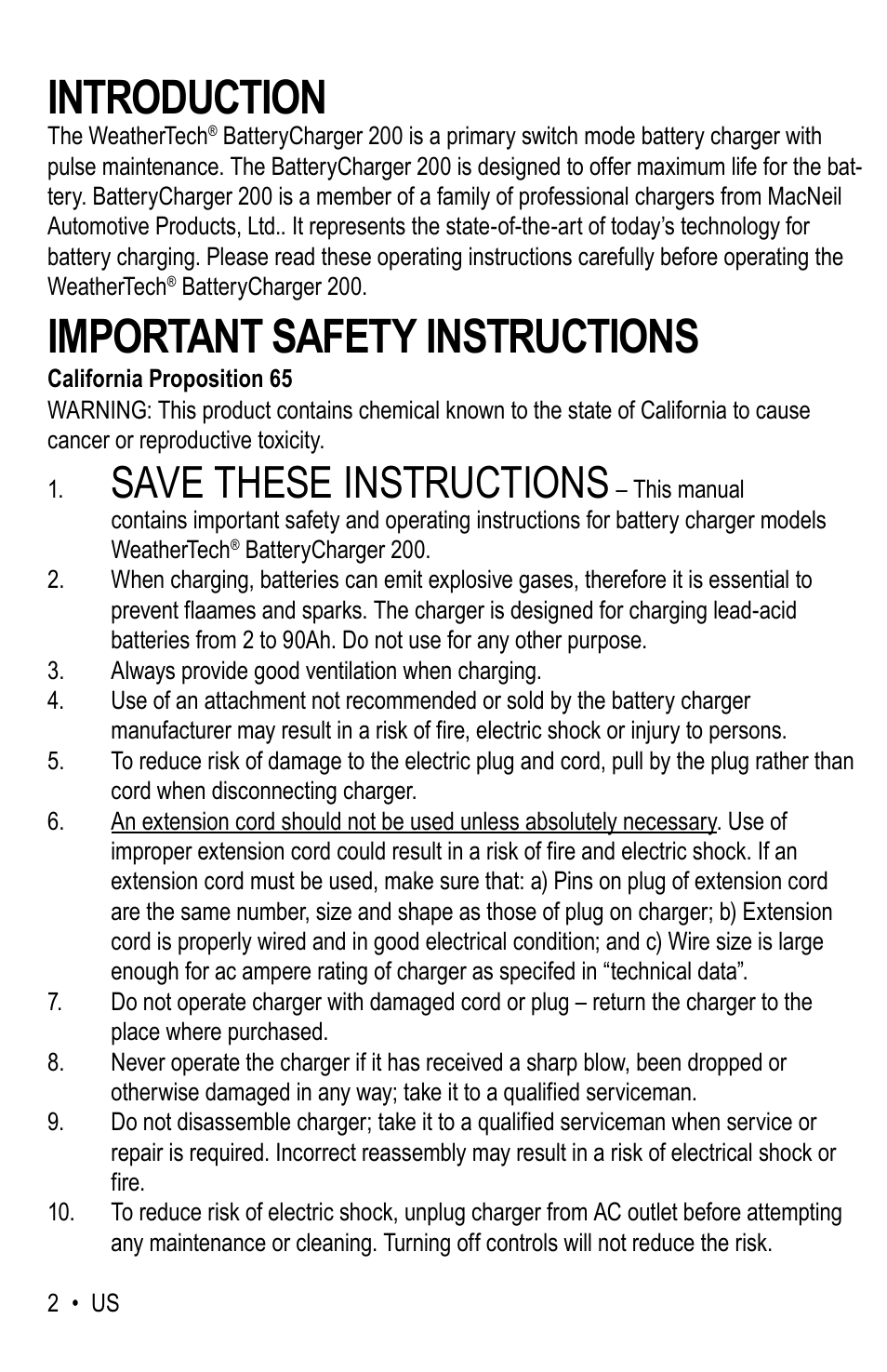 Introduction, Important safety instructions, Save these instructions | WeatherTech Battery Charger User Manual | Page 2 / 48