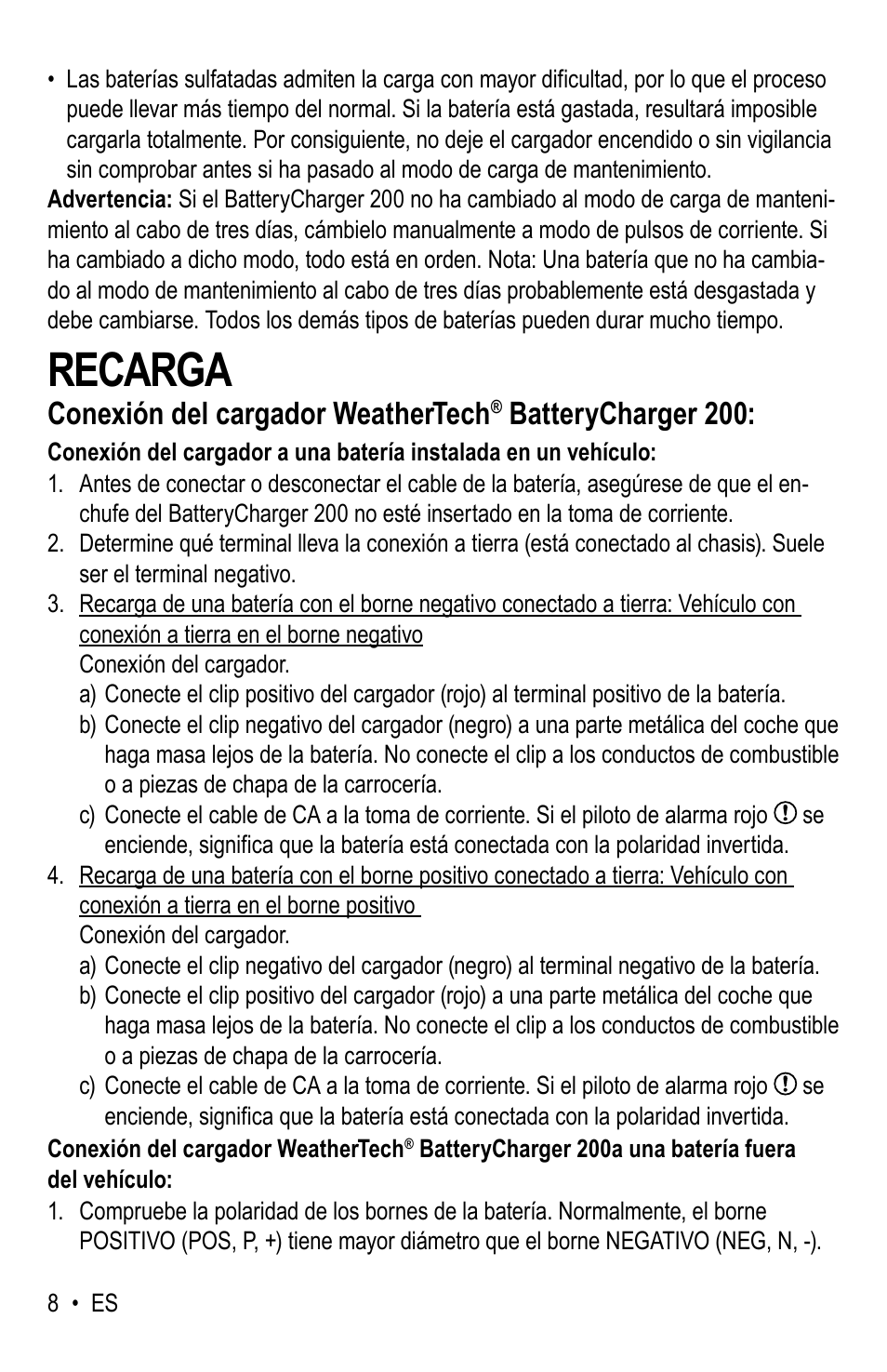 Recarga, Conexión del cargador weathertech, Batterycharger 200 | WeatherTech Battery Charger User Manual | Page 22 / 48