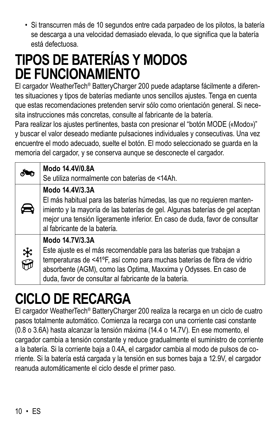 Tipos de baterías y modos de funcionamiento, Ciclo de recarga | WeatherTech Battery Charger User Manual | Page 24 / 48