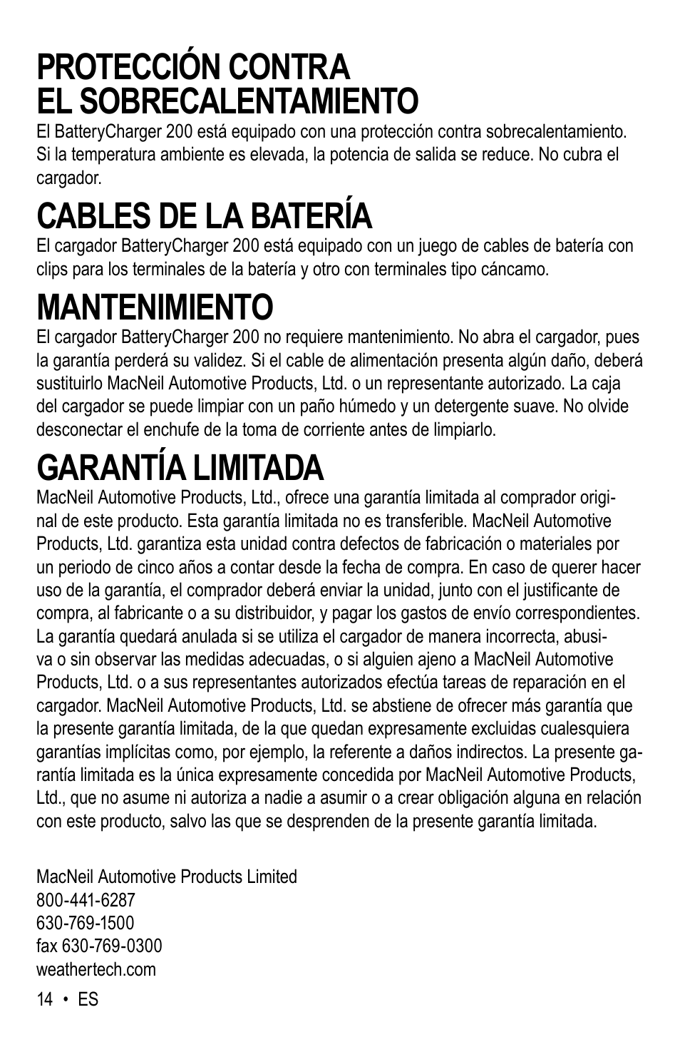 Protección contra el sobrecalentamiento, Cables de la batería, Mantenimiento | Garantía limitada | WeatherTech Battery Charger User Manual | Page 28 / 48