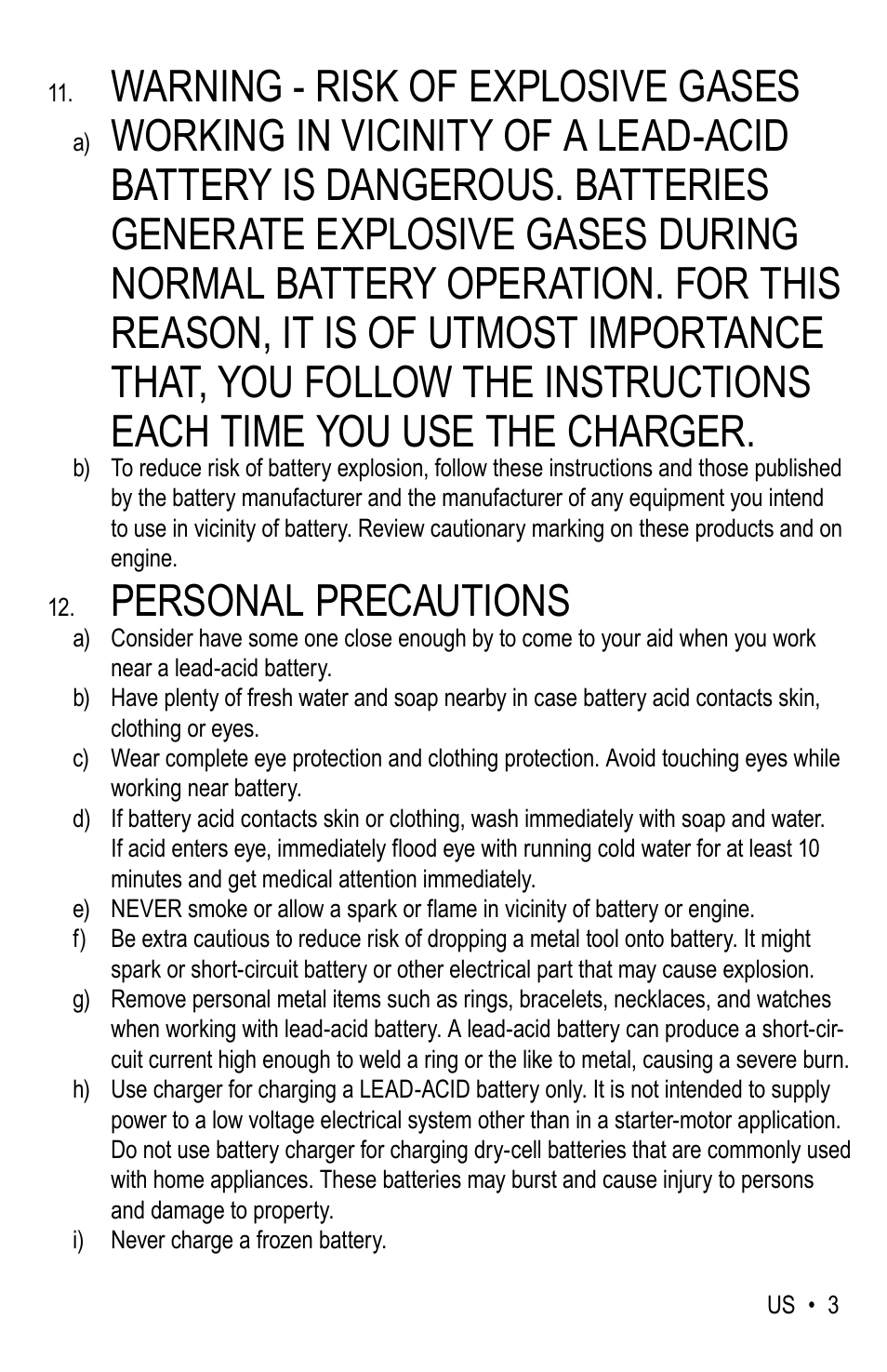 Warning - risk of explosive gases, Personal precautions | WeatherTech Battery Charger User Manual | Page 3 / 48