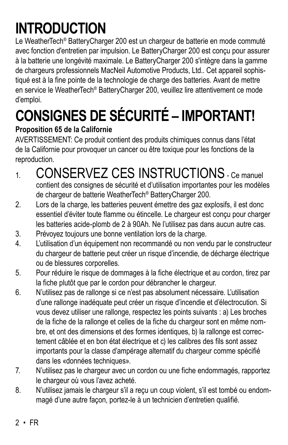 Introduction, Consignes de sécurité – important, Conservez ces instructions | WeatherTech Battery Charger User Manual | Page 32 / 48