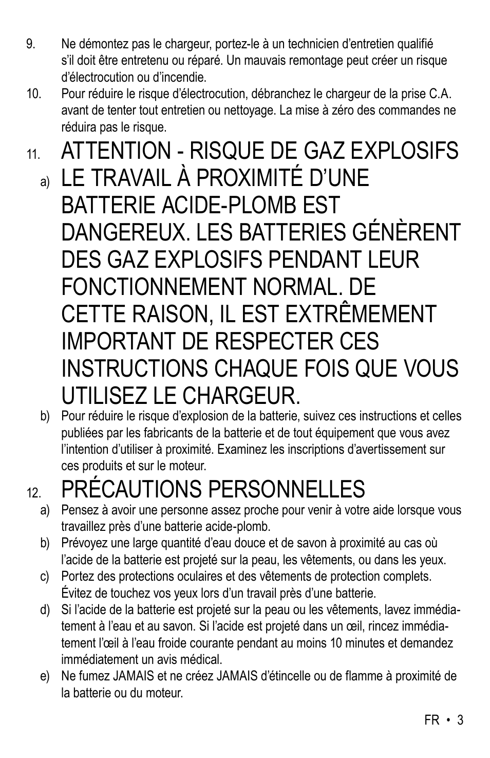 Attention - risque de gaz explosifs, Précautions personnelles | WeatherTech Battery Charger User Manual | Page 33 / 48