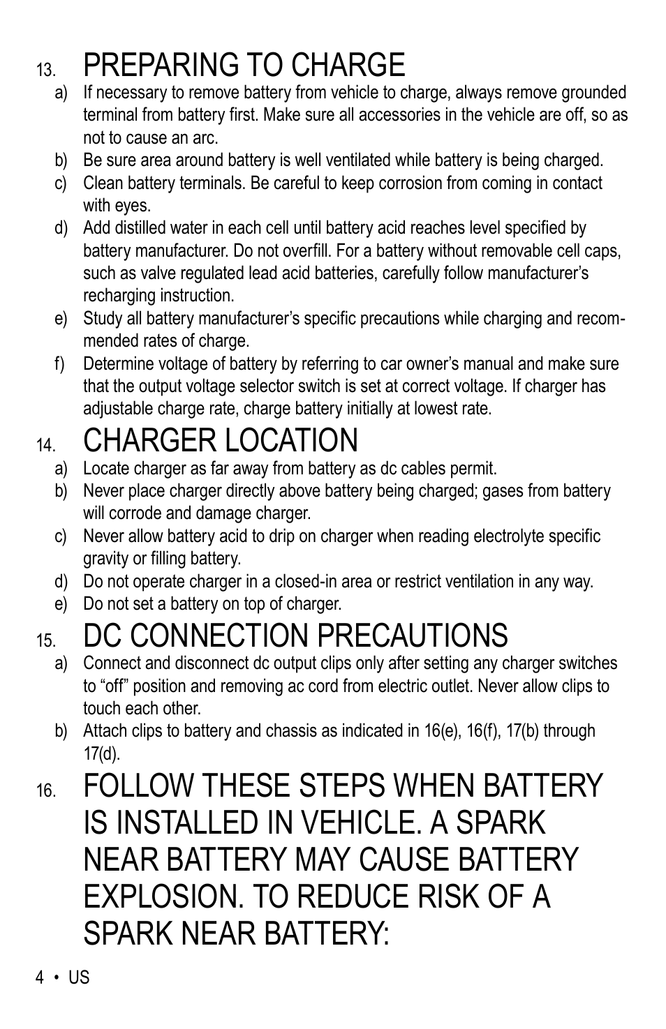 Preparing to charge, Charger location, Dc connection precautions | WeatherTech Battery Charger User Manual | Page 4 / 48