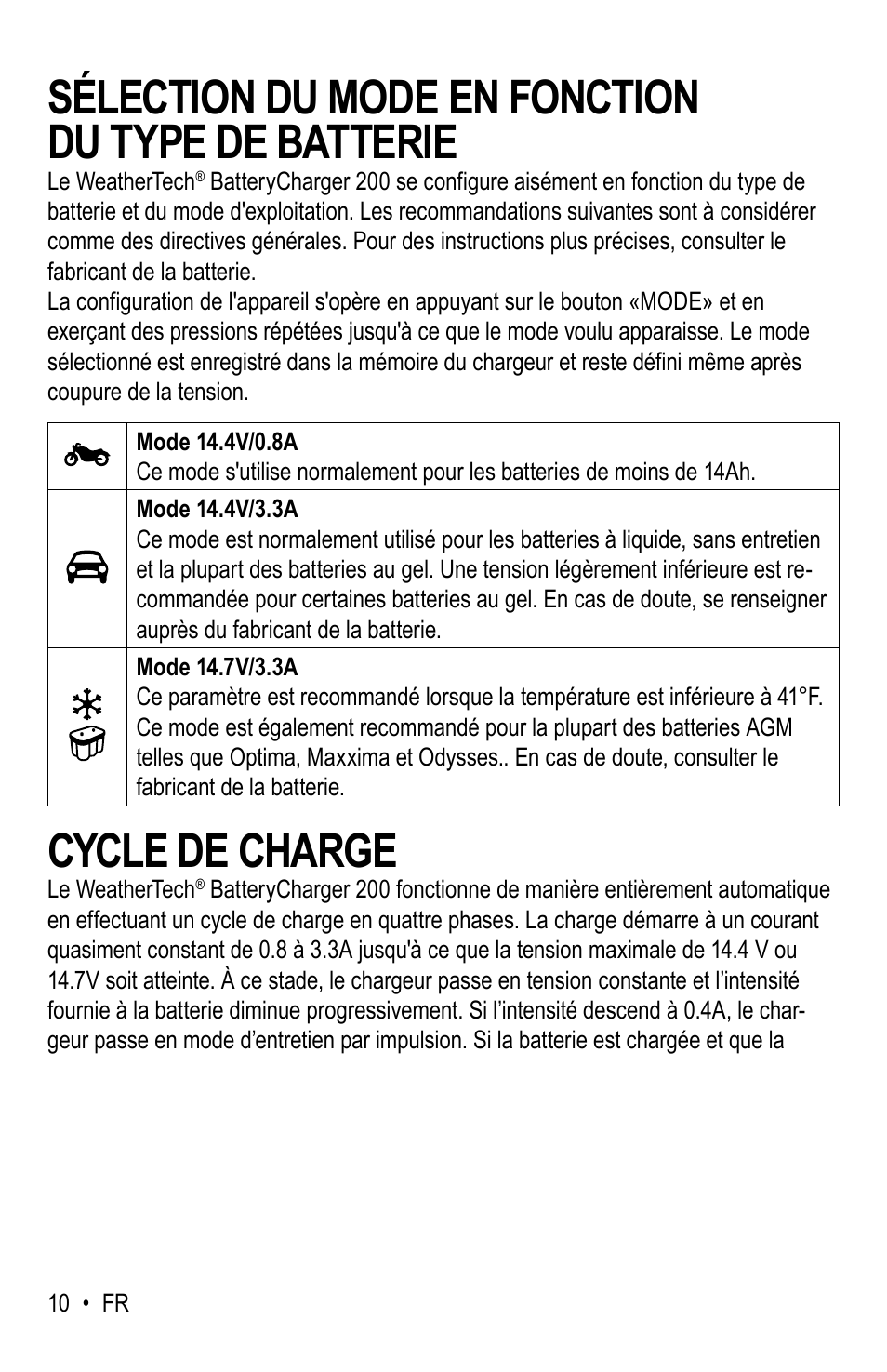 Sélection du mode en fonction du type de batterie, Cycle de charge | WeatherTech Battery Charger User Manual | Page 40 / 48