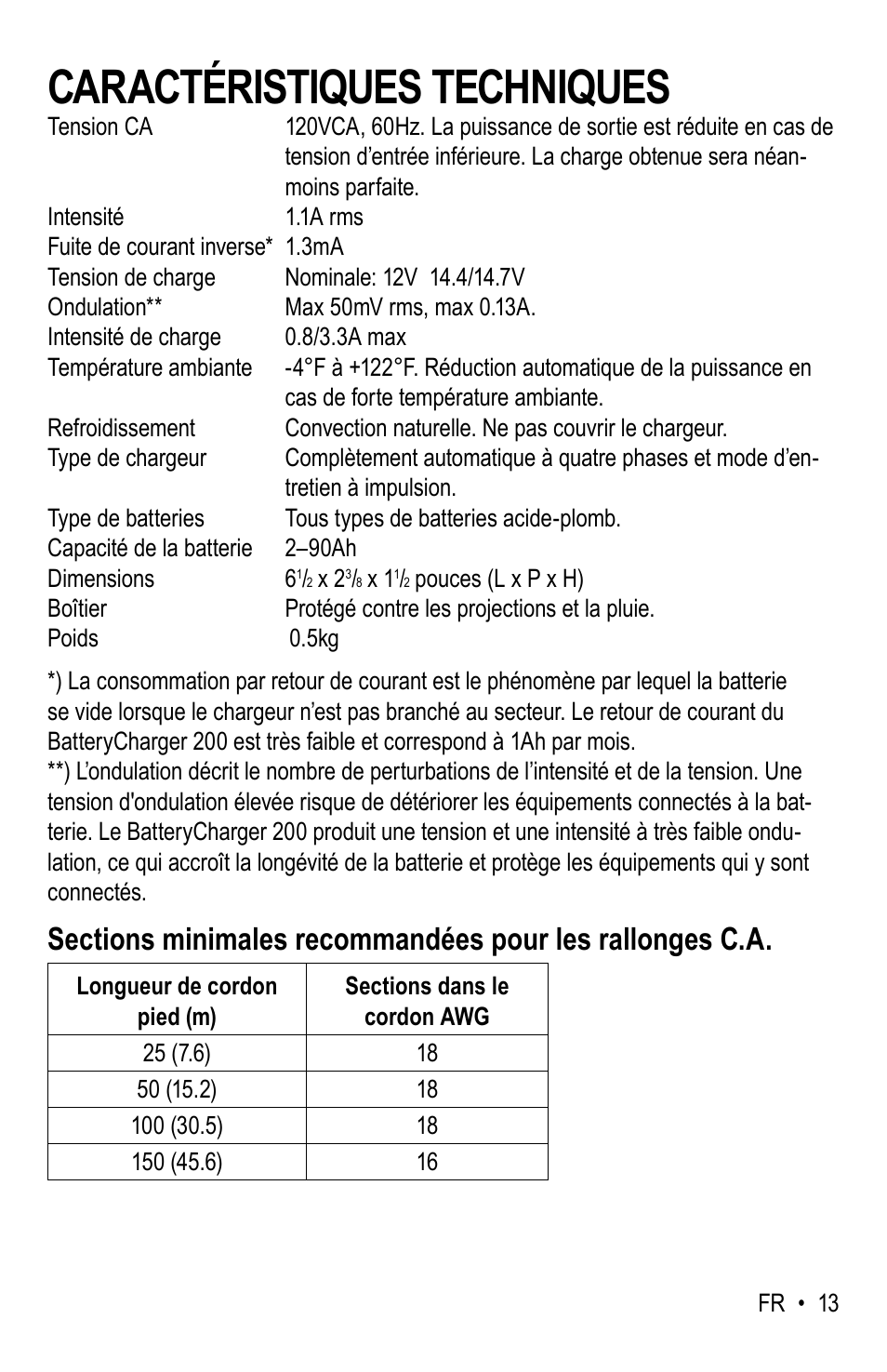 Caractéristiques techniques | WeatherTech Battery Charger User Manual | Page 43 / 48