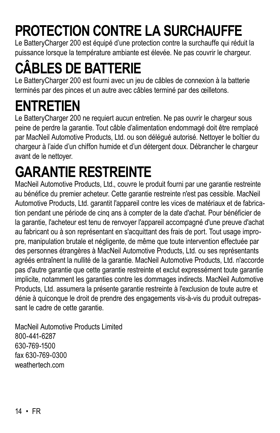 Protection contre la surchauffe, Câbles de batterie, Entretien | Garantie restreinte | WeatherTech Battery Charger User Manual | Page 44 / 48