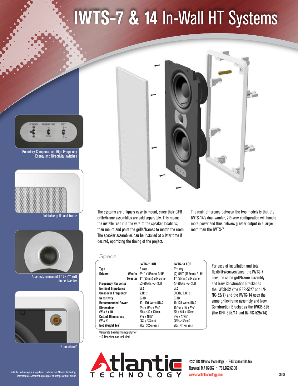 Iwts-7 & 14 in-wall ht systems, Specs | Atlantic Technology IWTS-7 LCR User Manual | Page 2 / 2