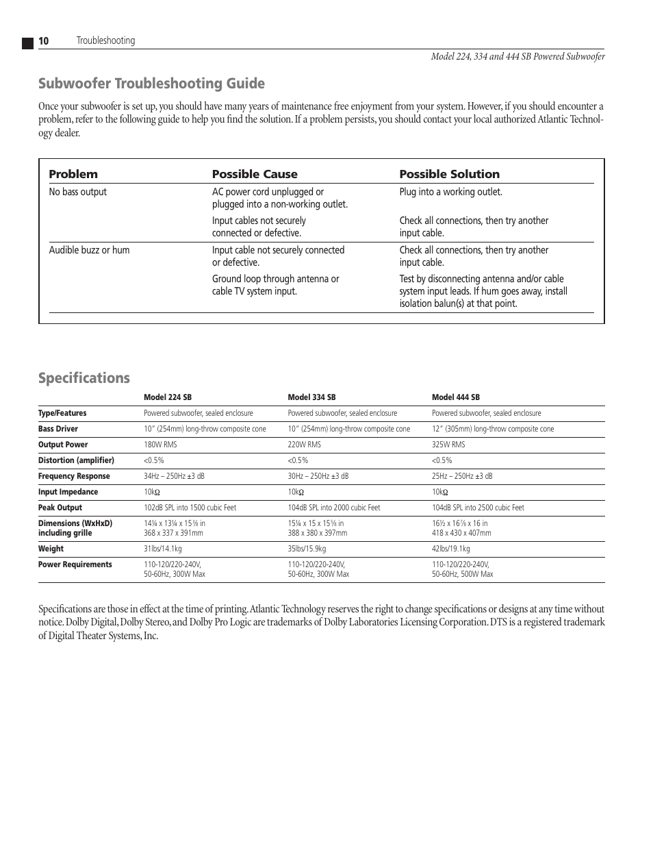 Subwoofer troubleshooting guide, Specifications | Atlantic Technology 224 SB User Manual | Page 10 / 12