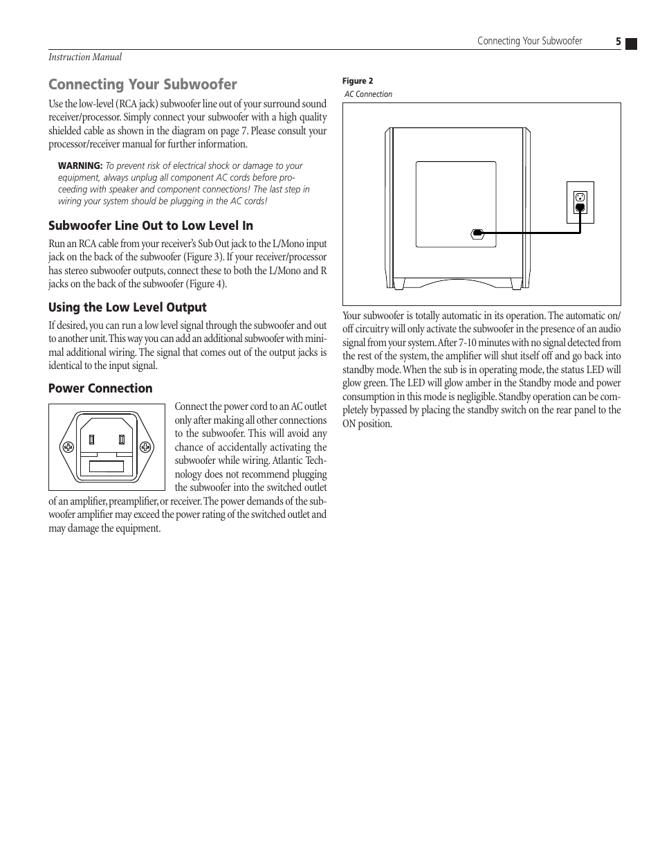 Connecting your subwoofer, Subwoofer line out to low level in, Using the low level output | Power connection, 5 instruction manual connecting your subwoofer | Atlantic Technology 224 SB User Manual | Page 5 / 12