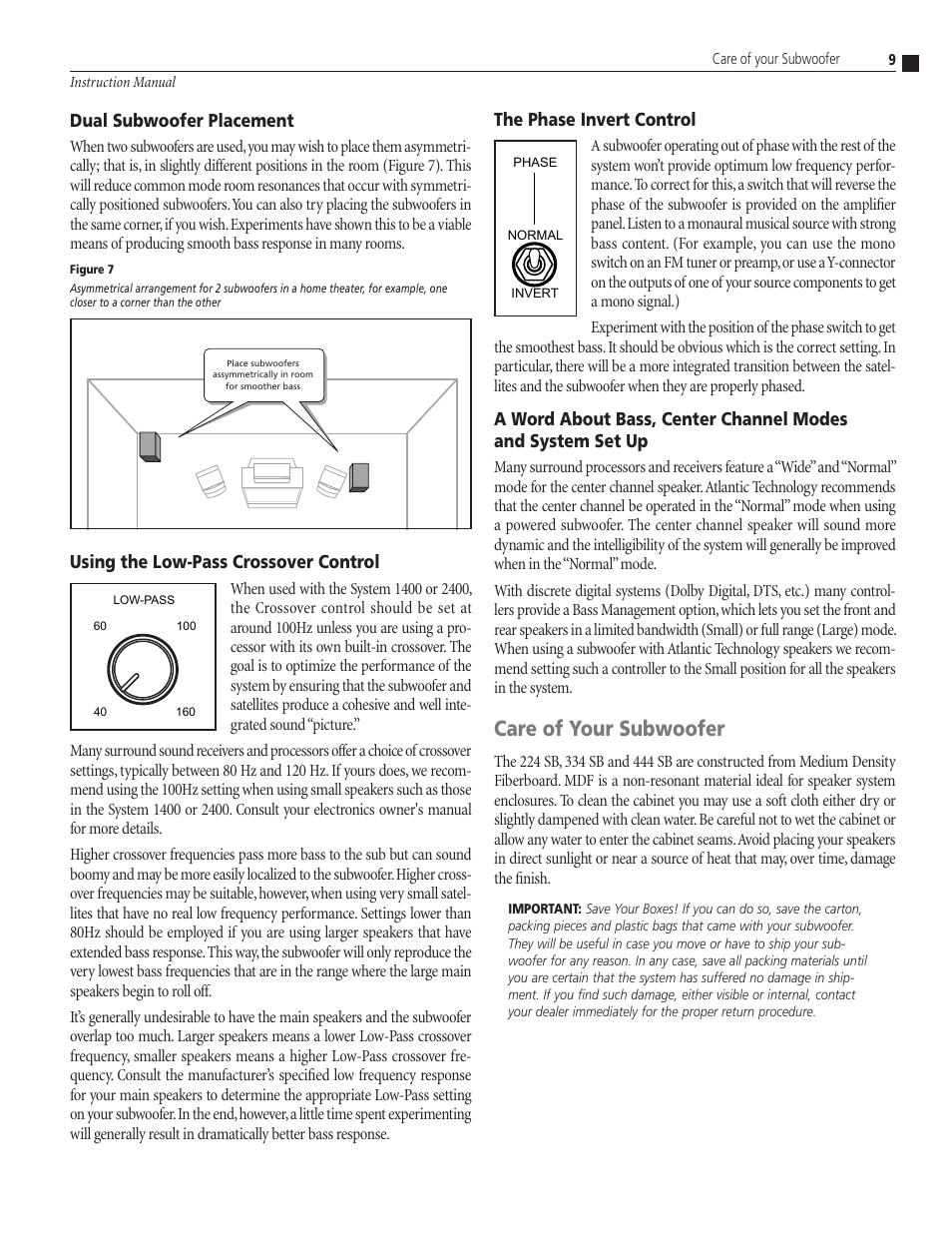 Care of your subwoofer, Dual subwoofer placement, The phase invert control | Using the low-pass crossover control, 9 instruction manual care of your subwoofer, Caution | Atlantic Technology 224 SB User Manual | Page 9 / 12