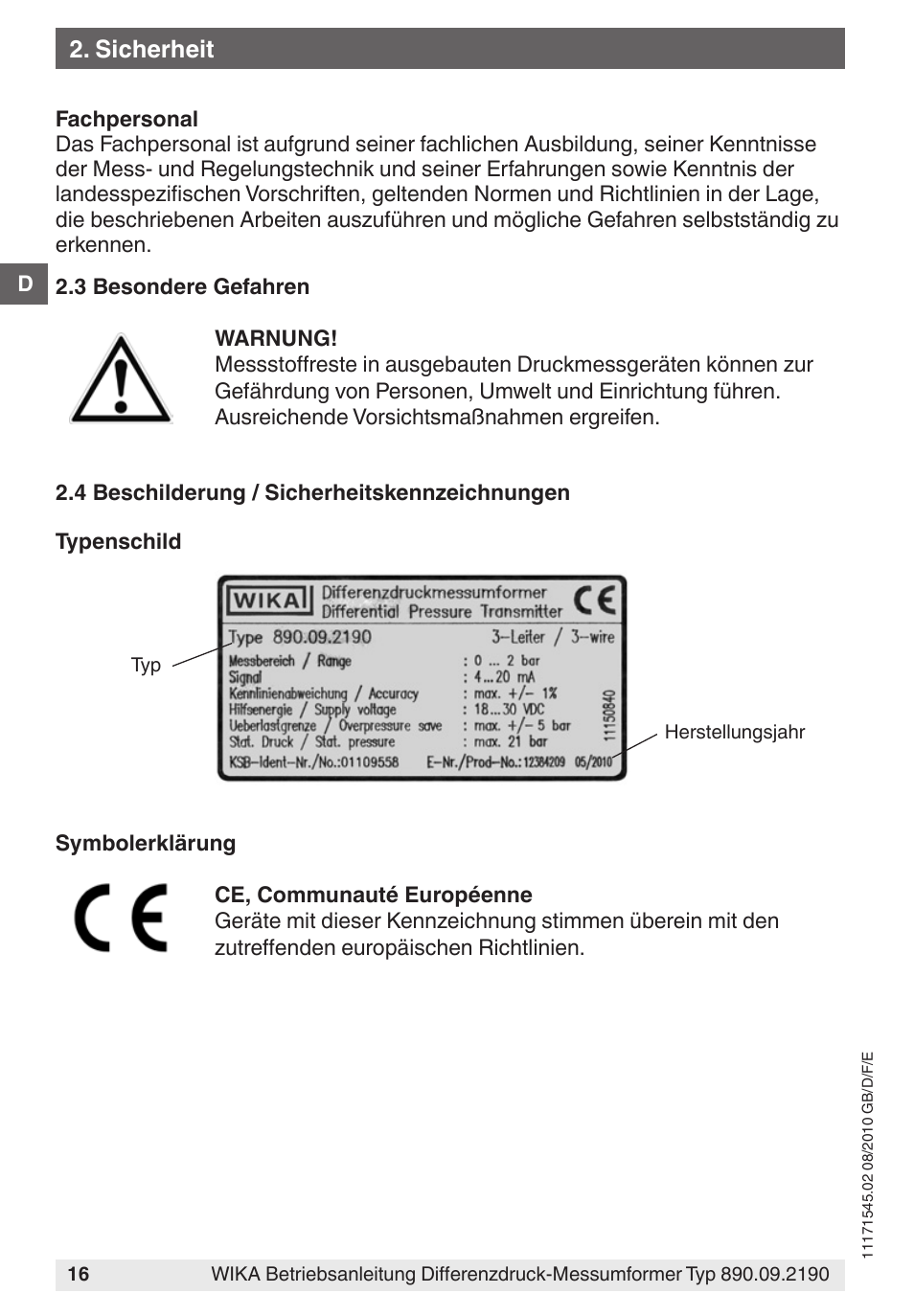 Sicherheit | WIKA 890.09.2190 User Manual | Page 16 / 44