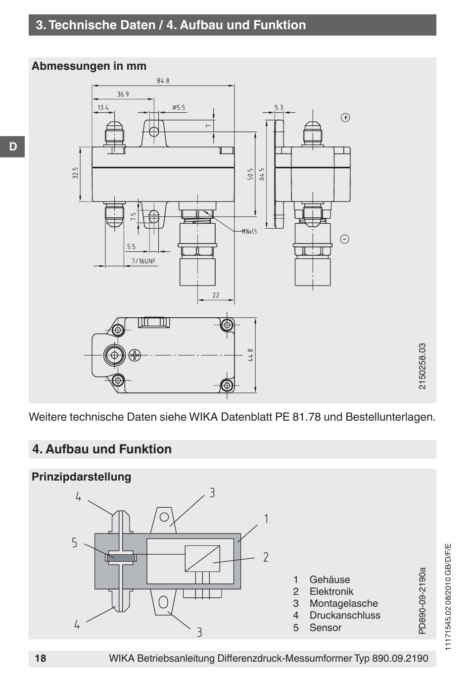 Technische daten / 4. aufbau und funktion, Aufbau und funktion | WIKA 890.09.2190 User Manual | Page 18 / 44