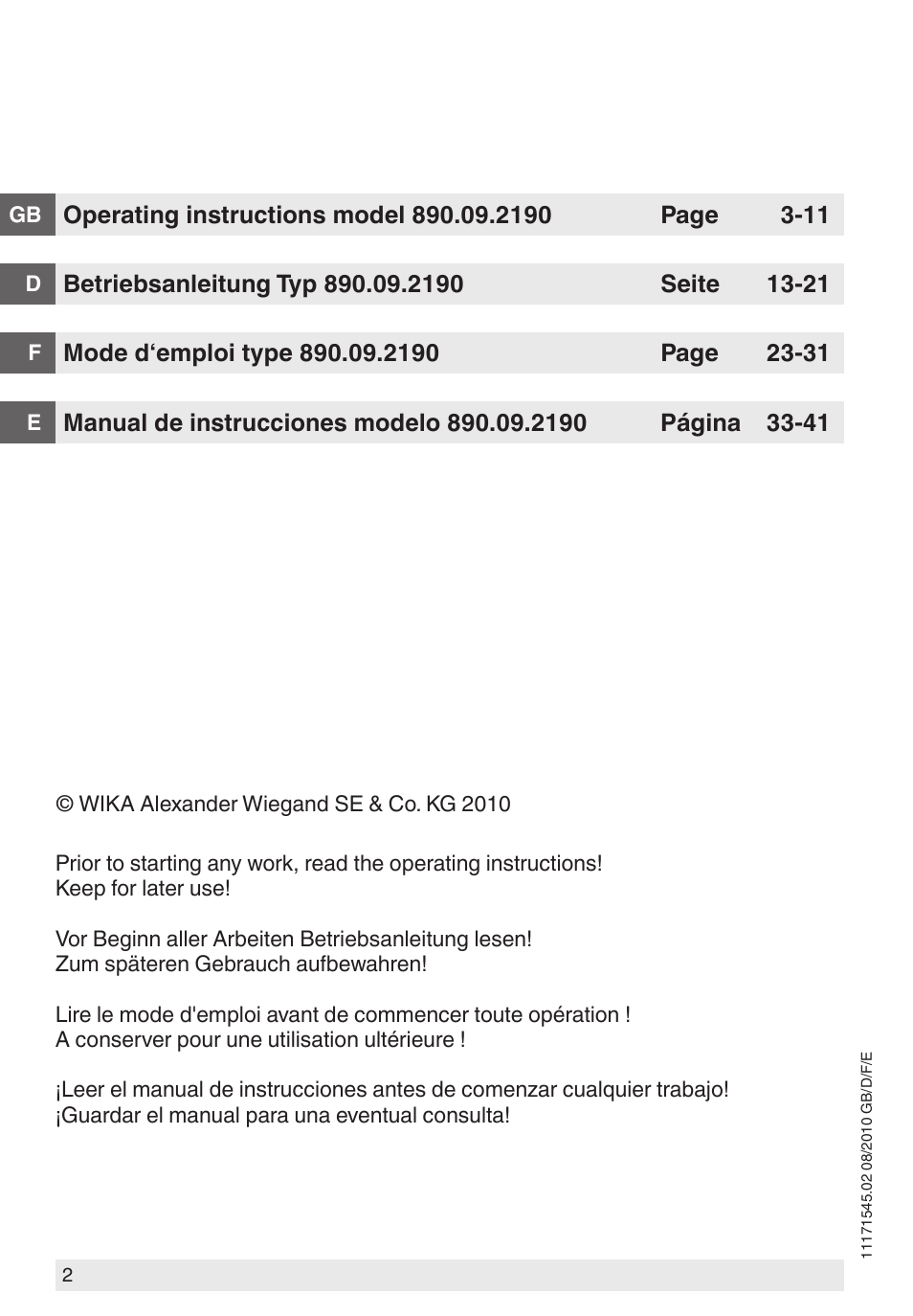 WIKA 890.09.2190 User Manual | Page 2 / 44