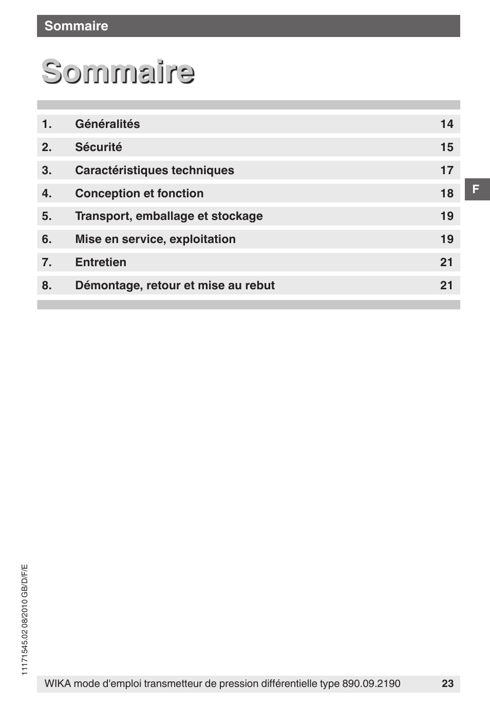 Sommaire | WIKA 890.09.2190 User Manual | Page 23 / 44