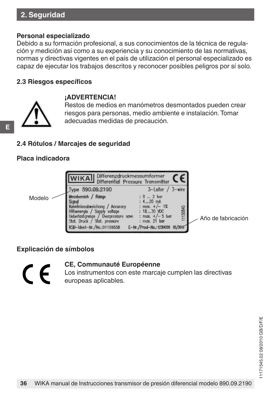 Seguridad | WIKA 890.09.2190 User Manual | Page 36 / 44