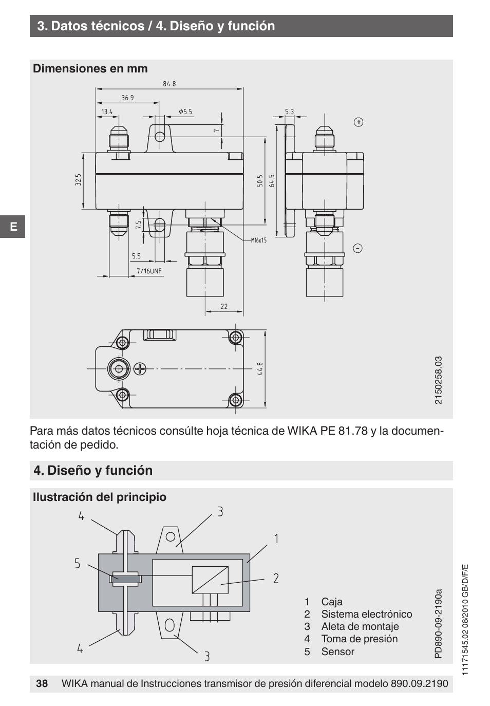 Datos técnicos / 4. diseño y función, Diseño y función | WIKA 890.09.2190 User Manual | Page 38 / 44