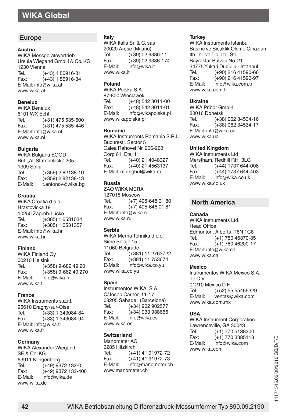 Wika global, Europe, North america | WIKA 890.09.2190 User Manual | Page 42 / 44