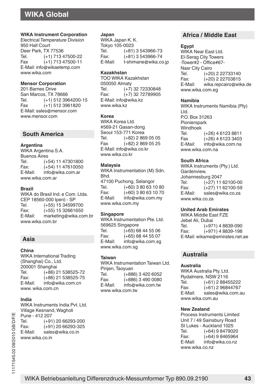 Wika global, South america, Asia | Africa / middle east, Australia | WIKA 890.09.2190 User Manual | Page 43 / 44