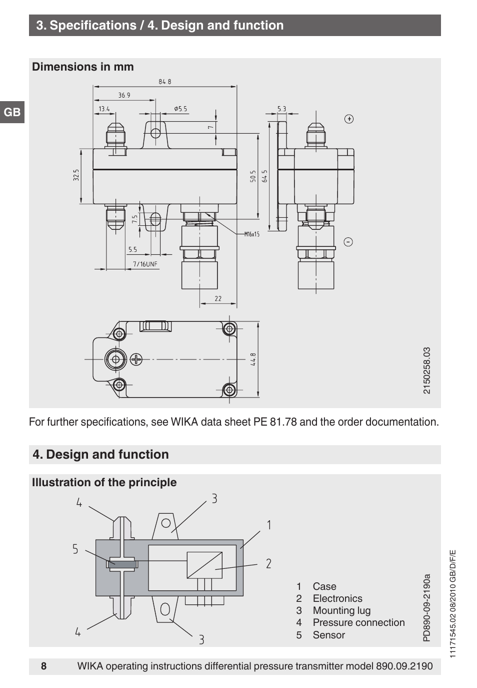 Specifications / 4. design and function, Design and function | WIKA 890.09.2190 User Manual | Page 8 / 44