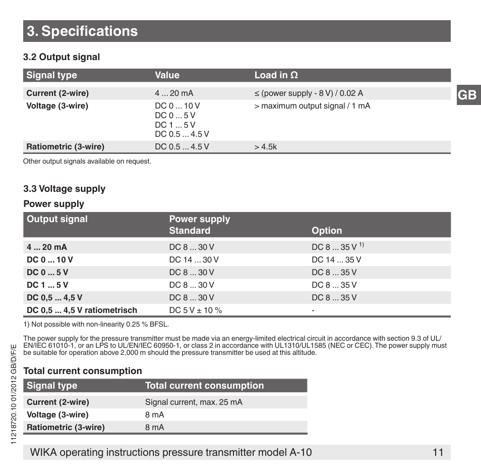 Specifications | WIKA A-10 User Manual | Page 11 / 96