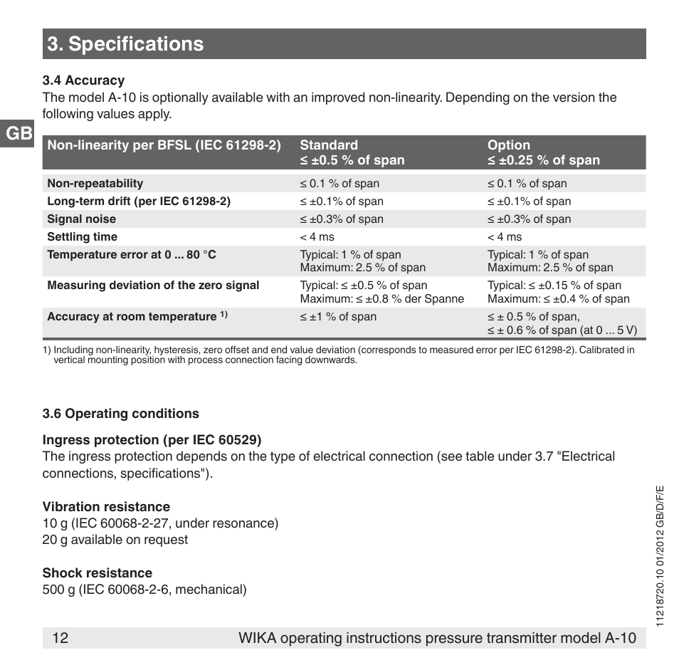 Specifications | WIKA A-10 User Manual | Page 12 / 96