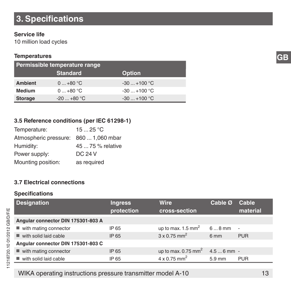 Specifications | WIKA A-10 User Manual | Page 13 / 96