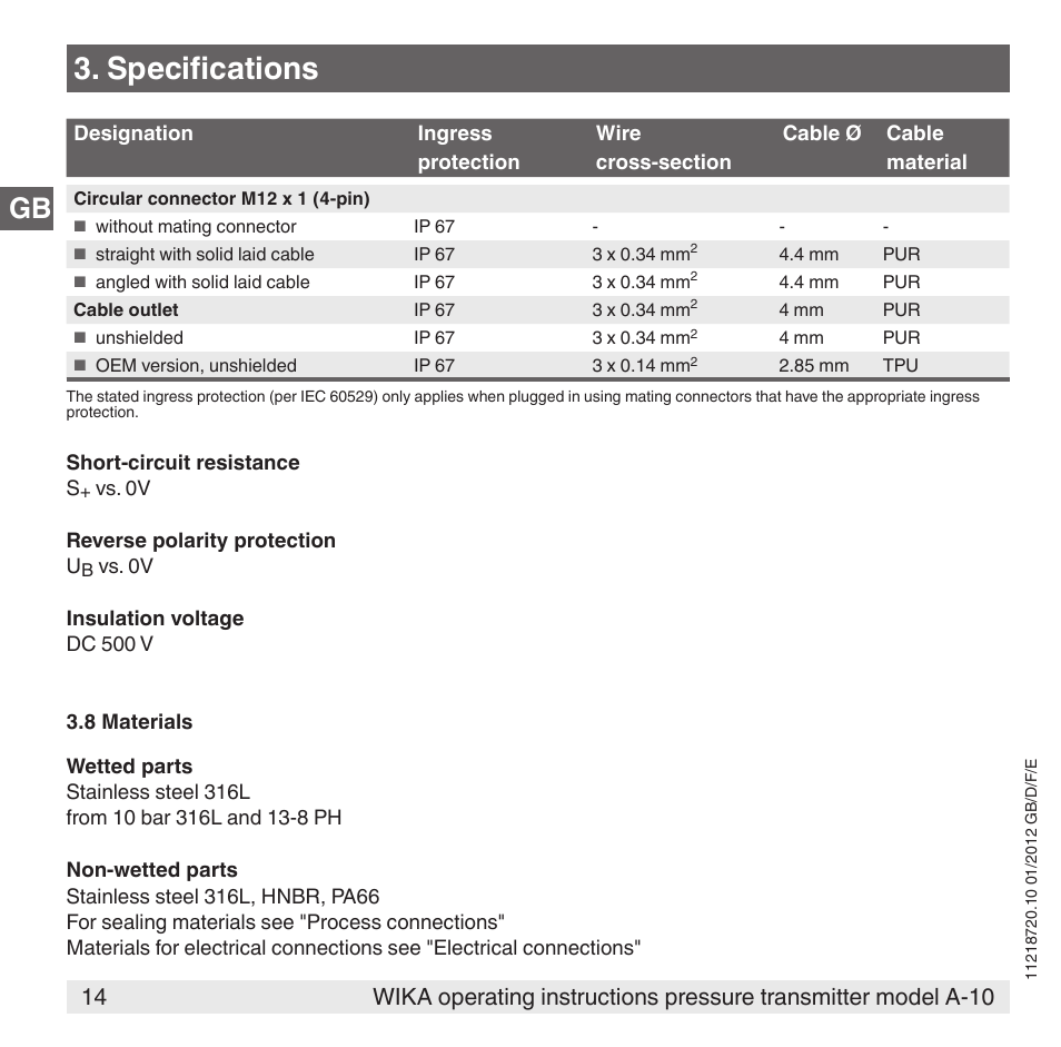 Specifications | WIKA A-10 User Manual | Page 14 / 96