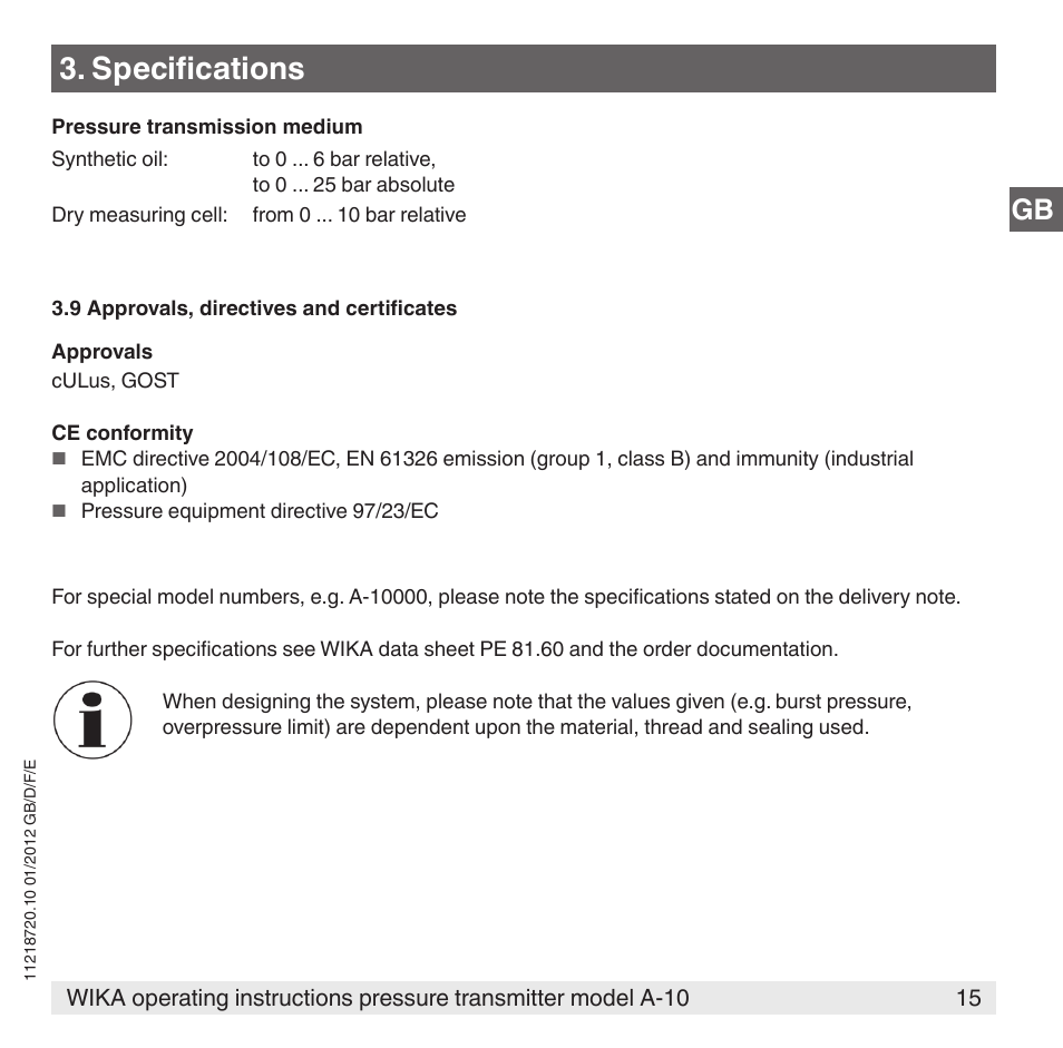 Specifications | WIKA A-10 User Manual | Page 15 / 96