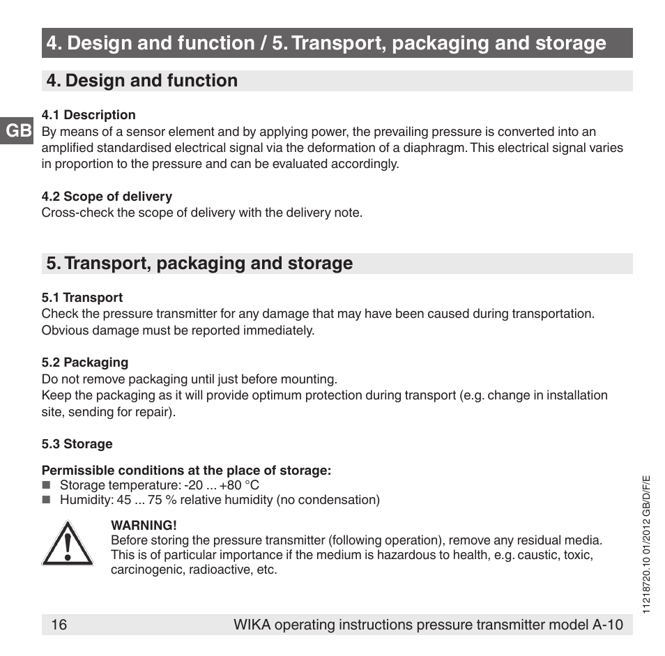Design and function, Transport, packaging and storage | WIKA A-10 User Manual | Page 16 / 96