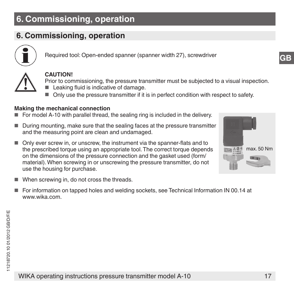 Commissioning, operation | WIKA A-10 User Manual | Page 17 / 96
