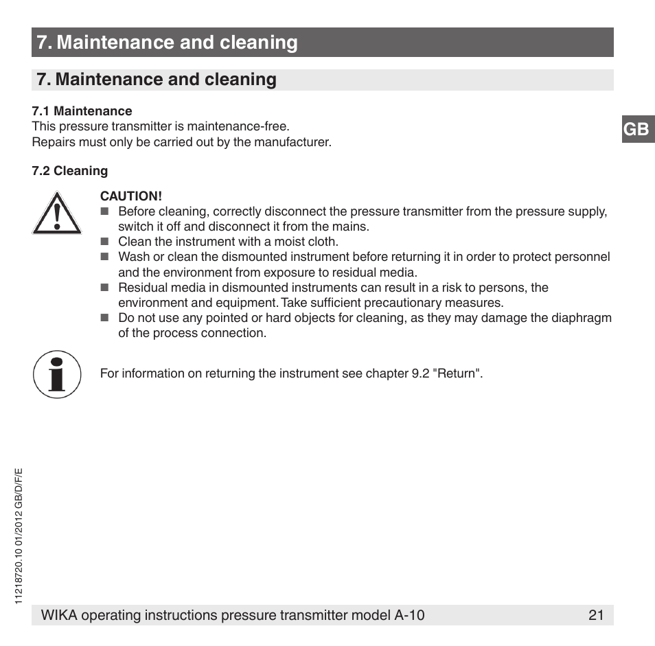 Maintenance and cleaning, Gb 7. maintenance and cleaning | WIKA A-10 User Manual | Page 21 / 96