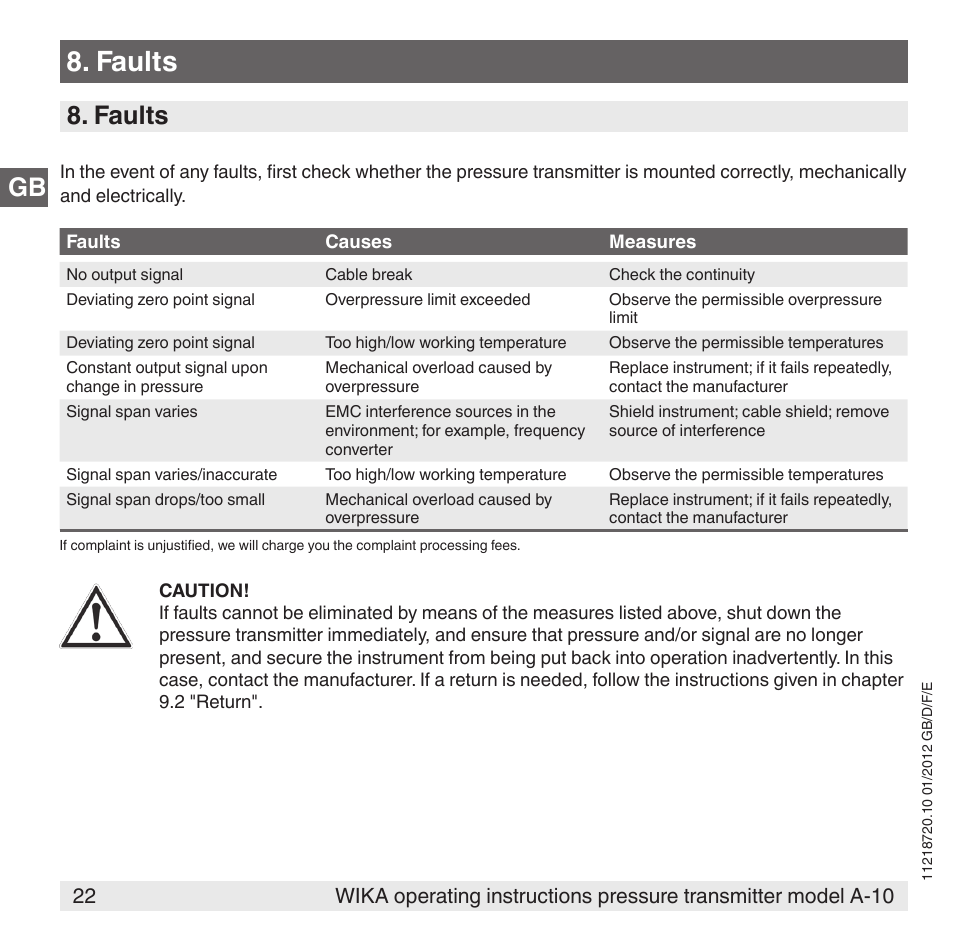Faults, Gb 8. faults | WIKA A-10 User Manual | Page 22 / 96