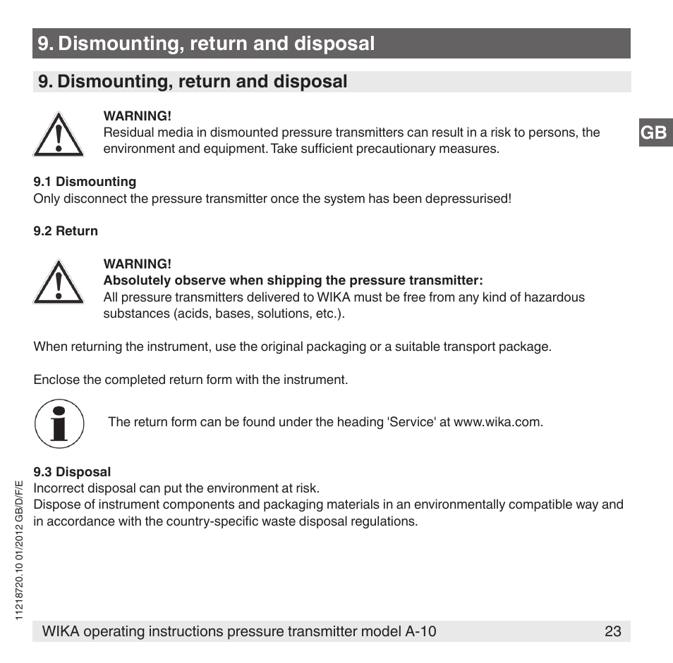Dismounting, return and disposal | WIKA A-10 User Manual | Page 23 / 96