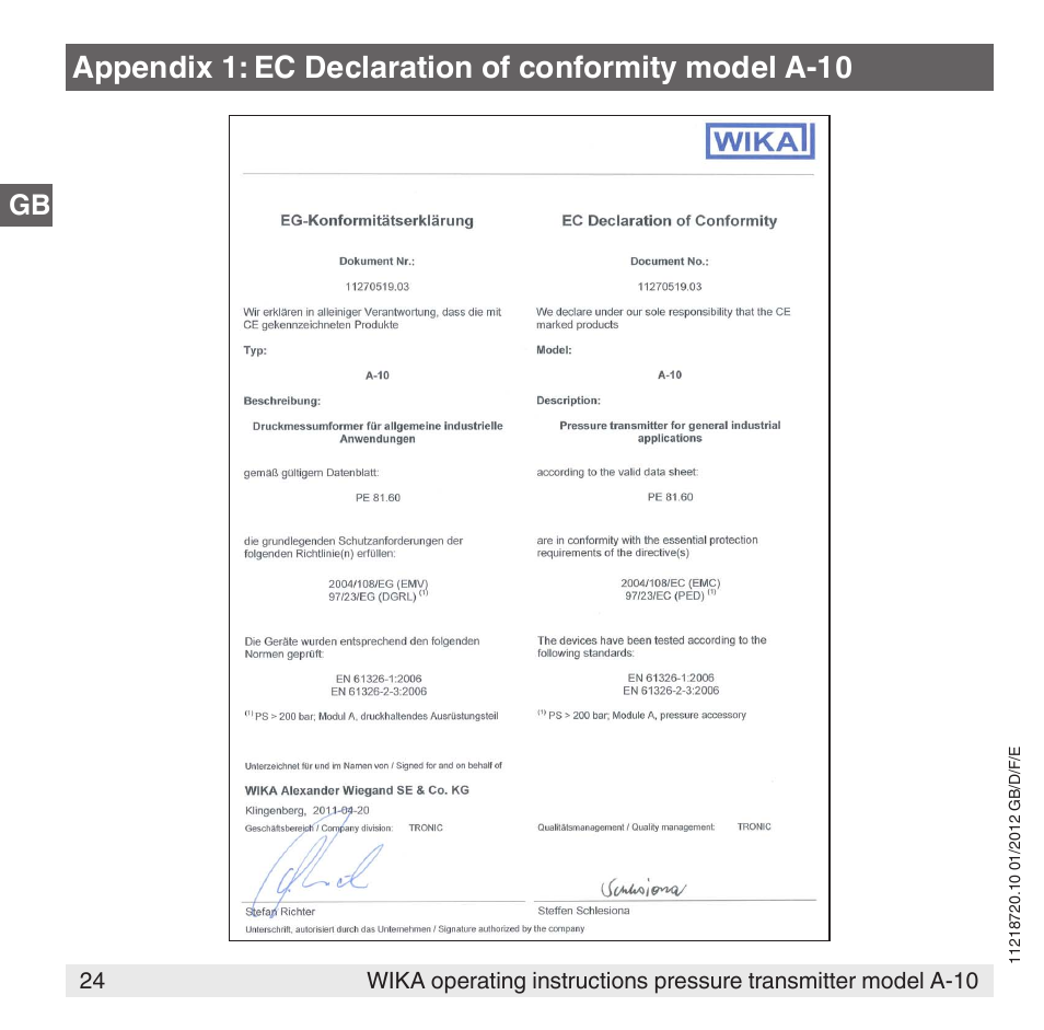 WIKA A-10 User Manual | Page 24 / 96