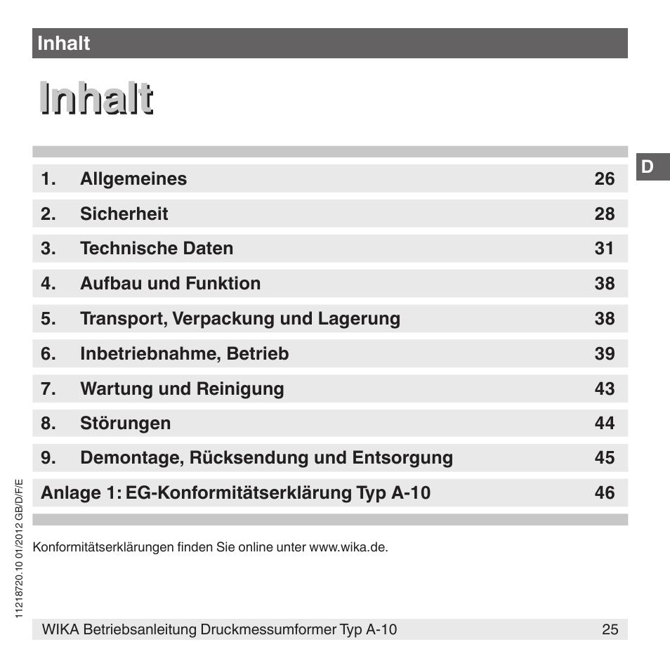 Inhalt | WIKA A-10 User Manual | Page 25 / 96