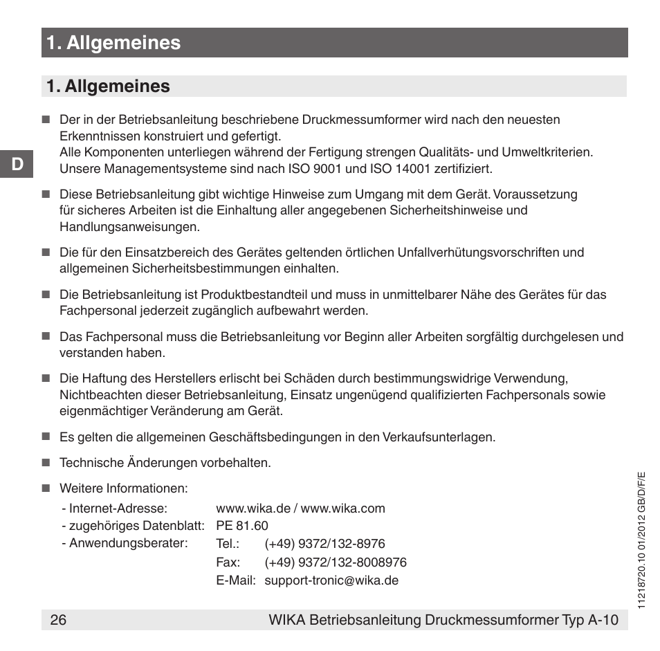 Allgemeines | WIKA A-10 User Manual | Page 26 / 96