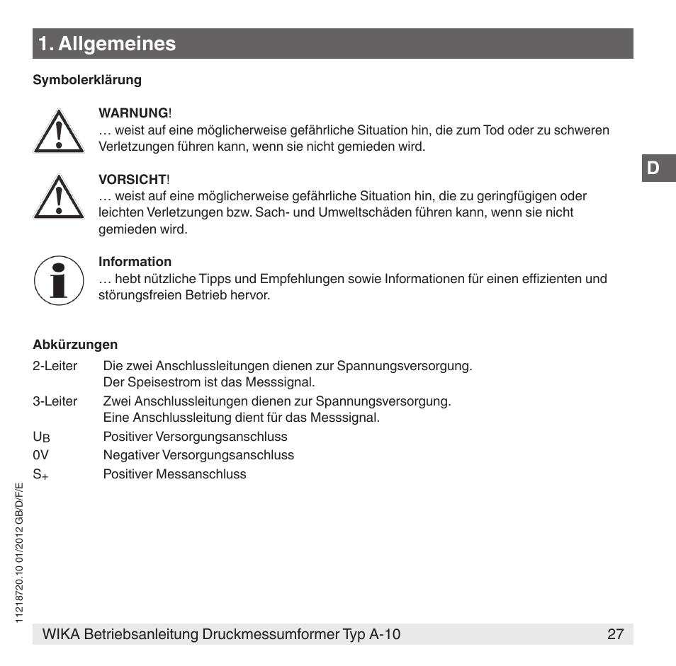 Allgemeines | WIKA A-10 User Manual | Page 27 / 96