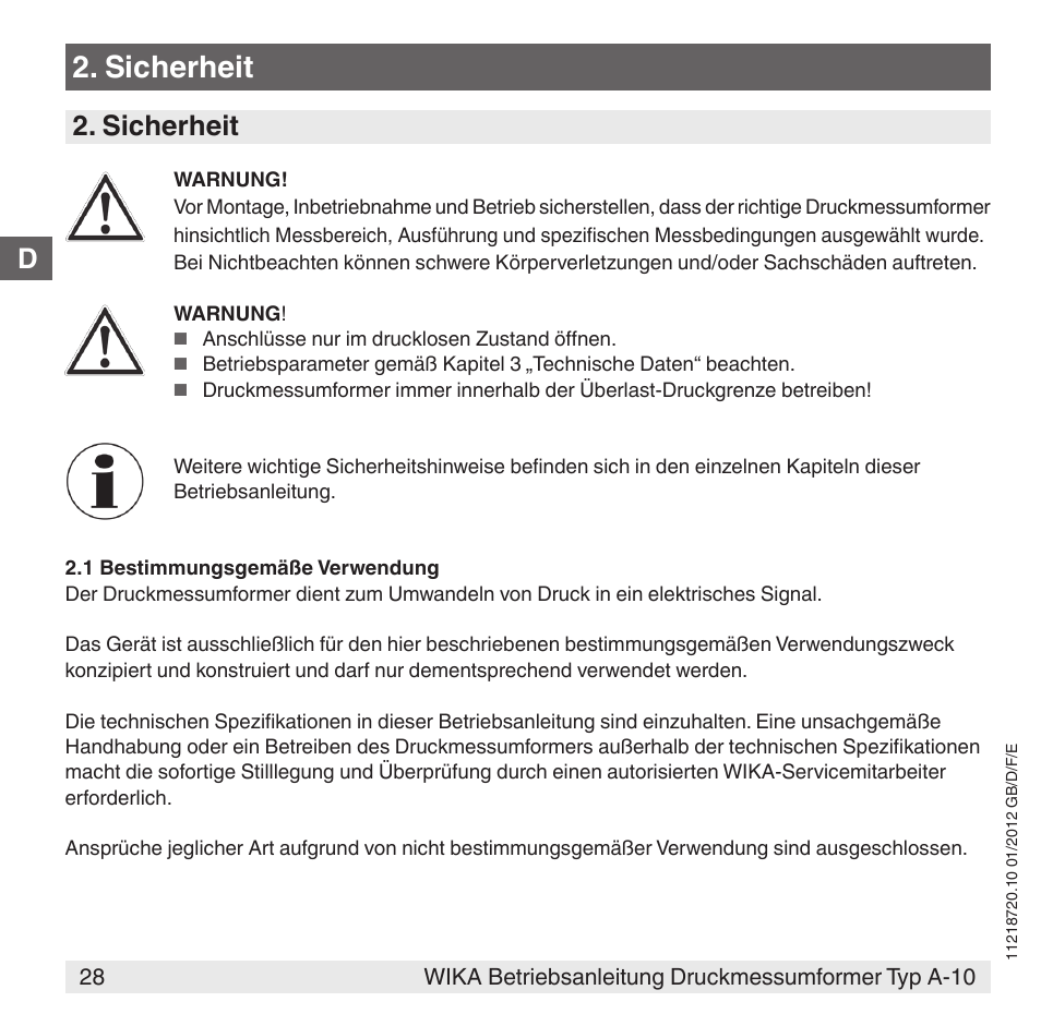 Sicherheit, D2. sicherheit | WIKA A-10 User Manual | Page 28 / 96