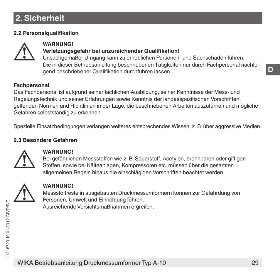 Sicherheit | WIKA A-10 User Manual | Page 29 / 96