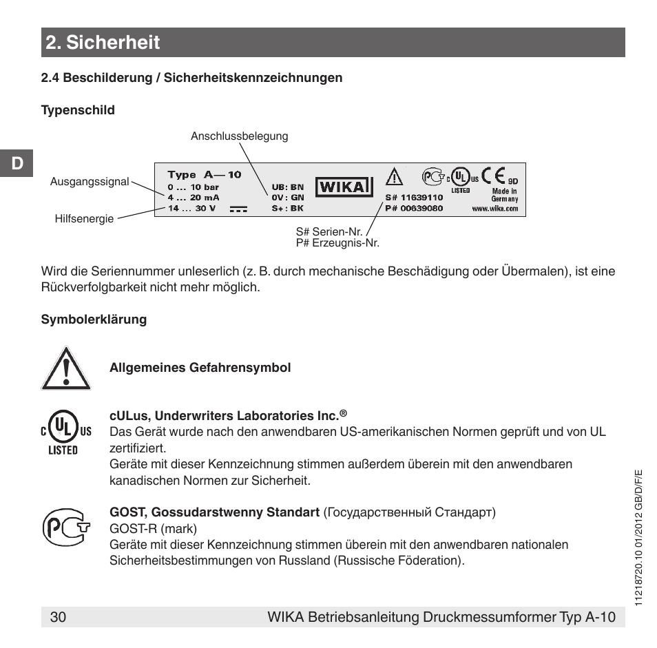 Sicherheit | WIKA A-10 User Manual | Page 30 / 96