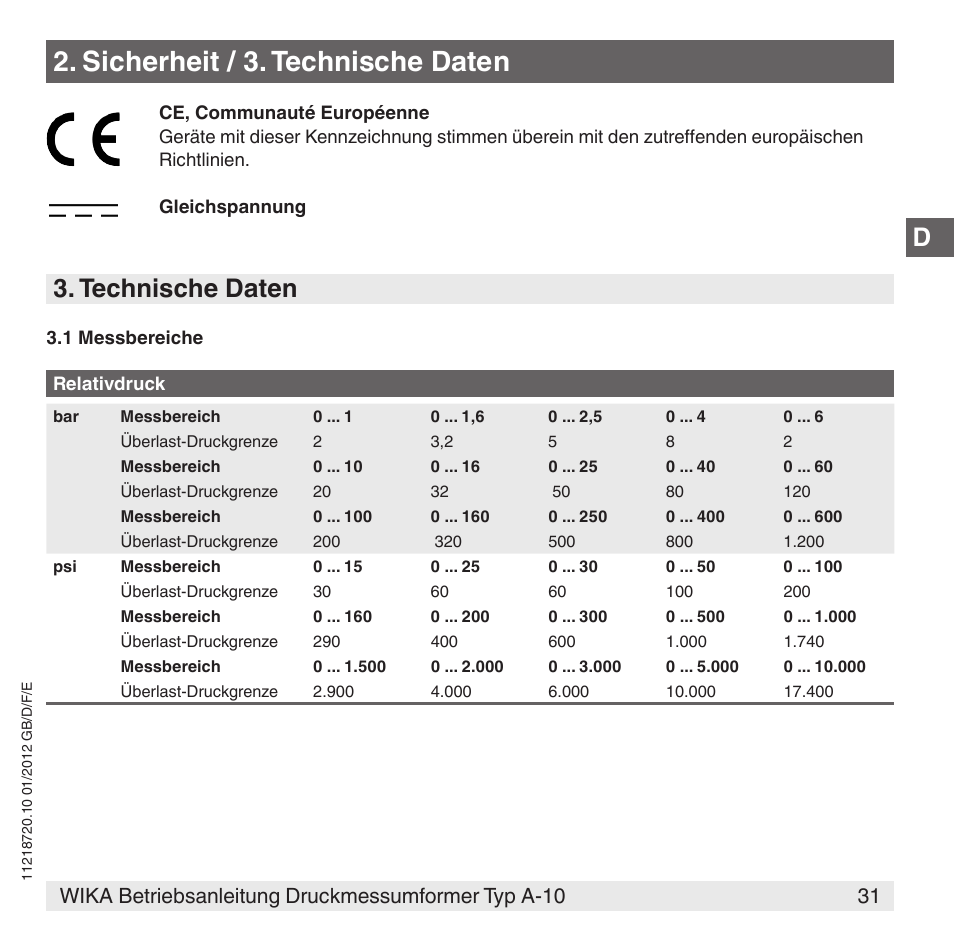 Sicherheit / 3. technische daten, Technische daten | WIKA A-10 User Manual | Page 31 / 96