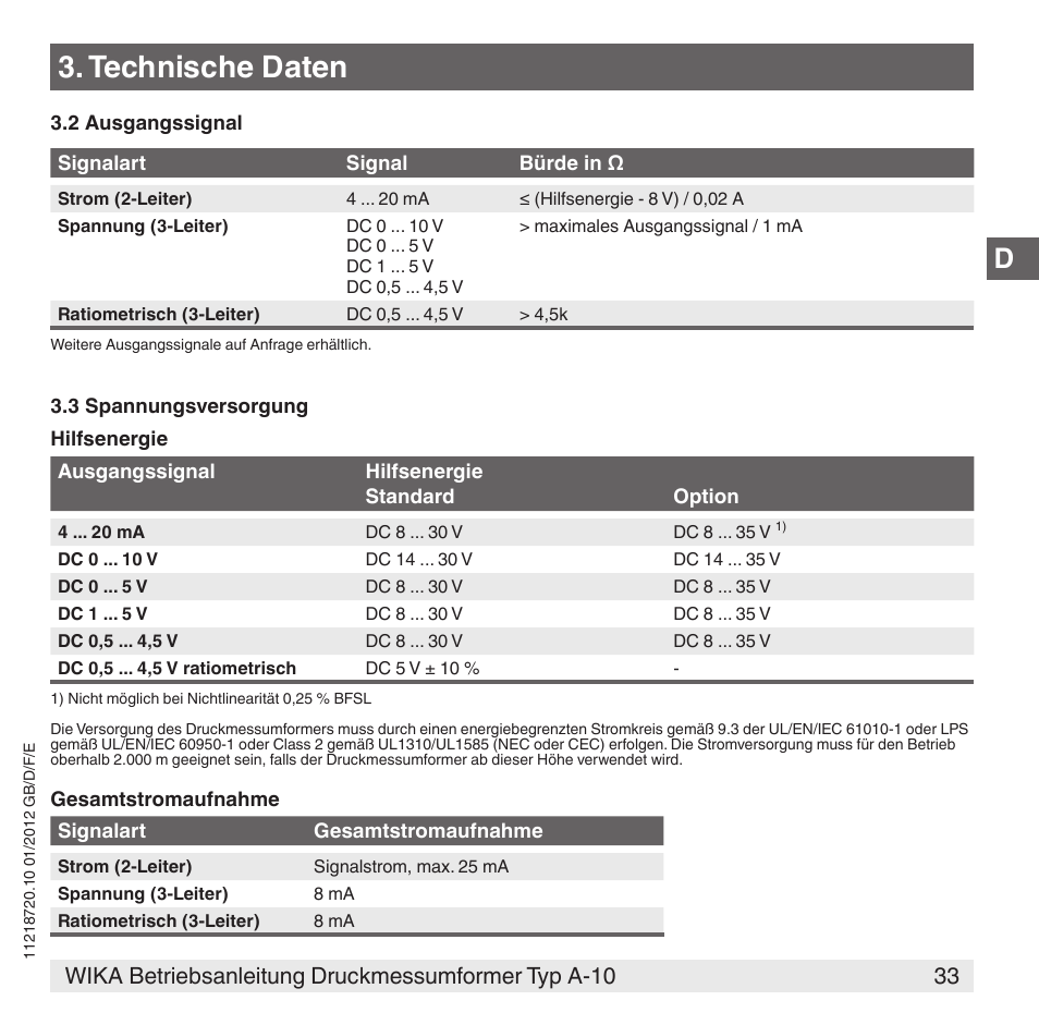 Technische daten | WIKA A-10 User Manual | Page 33 / 96