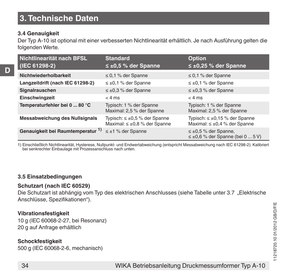 Technische daten | WIKA A-10 User Manual | Page 34 / 96